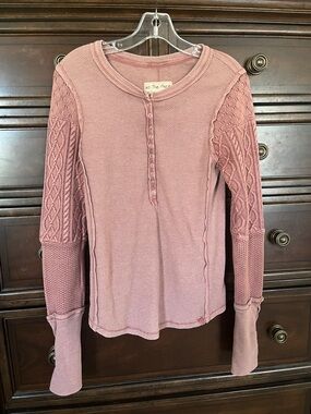 We The Free Dusty Rose Thermal Knit Henley with Cable Sleeves